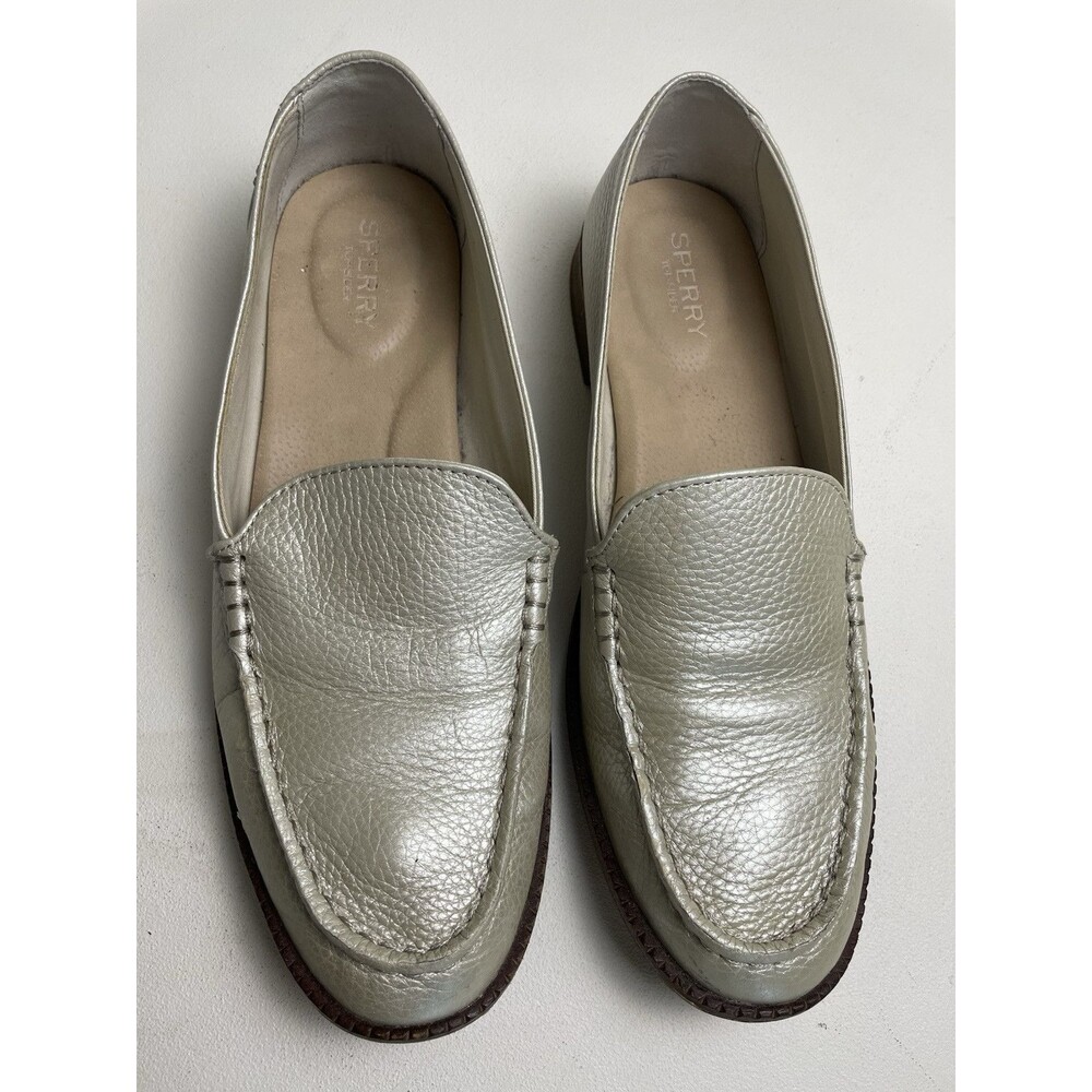 Sperry Topsider Sz 9 Metallic Silver Leather Smooth Top Slip-On Boat Shoe Loafer